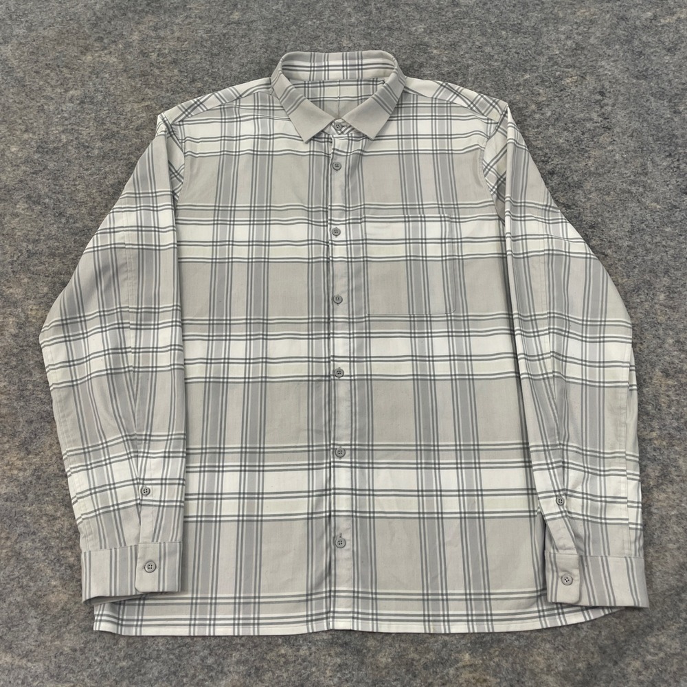 Lululemon Men's Button Up Shirt 2XL Gray White Plaid Long Sleeve Performance